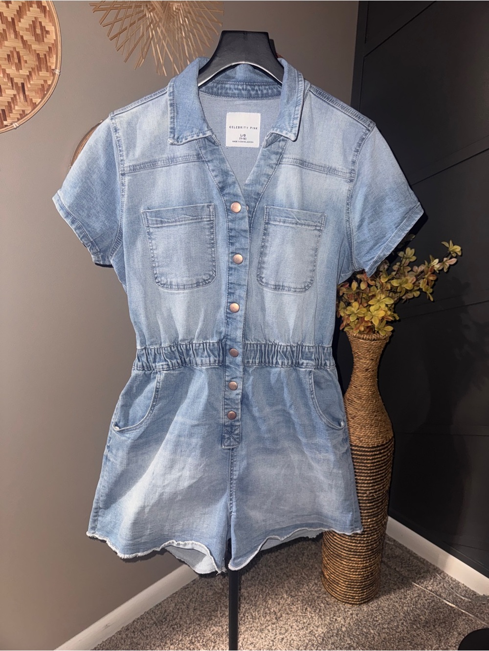 Celebrity Pink Light Blue Denim Button-Front Romper summer festival light wash